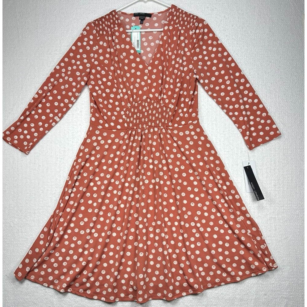 Maggy London Womens Coral White Polka Dot V Neck 3/4 Sleeve Fit‎ Flare Dress